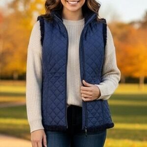 d&co Denim Company Quilted Faux Fur Trim Vest Navy Blue Womens Size S‎ Reverse